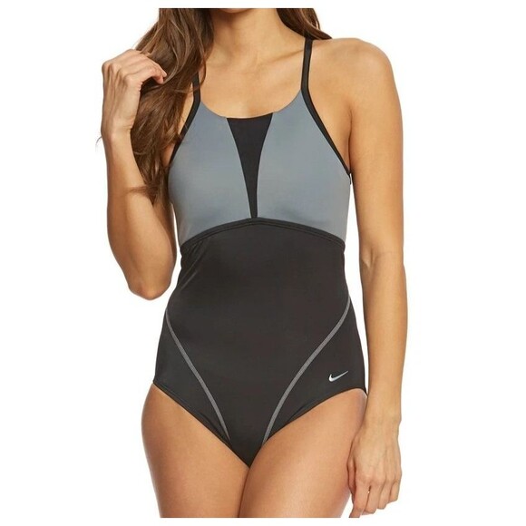 NEW Nike Color Surge Racerback Tank Swimsuit Women's size L   Black  Grey - Picture 1 of 4